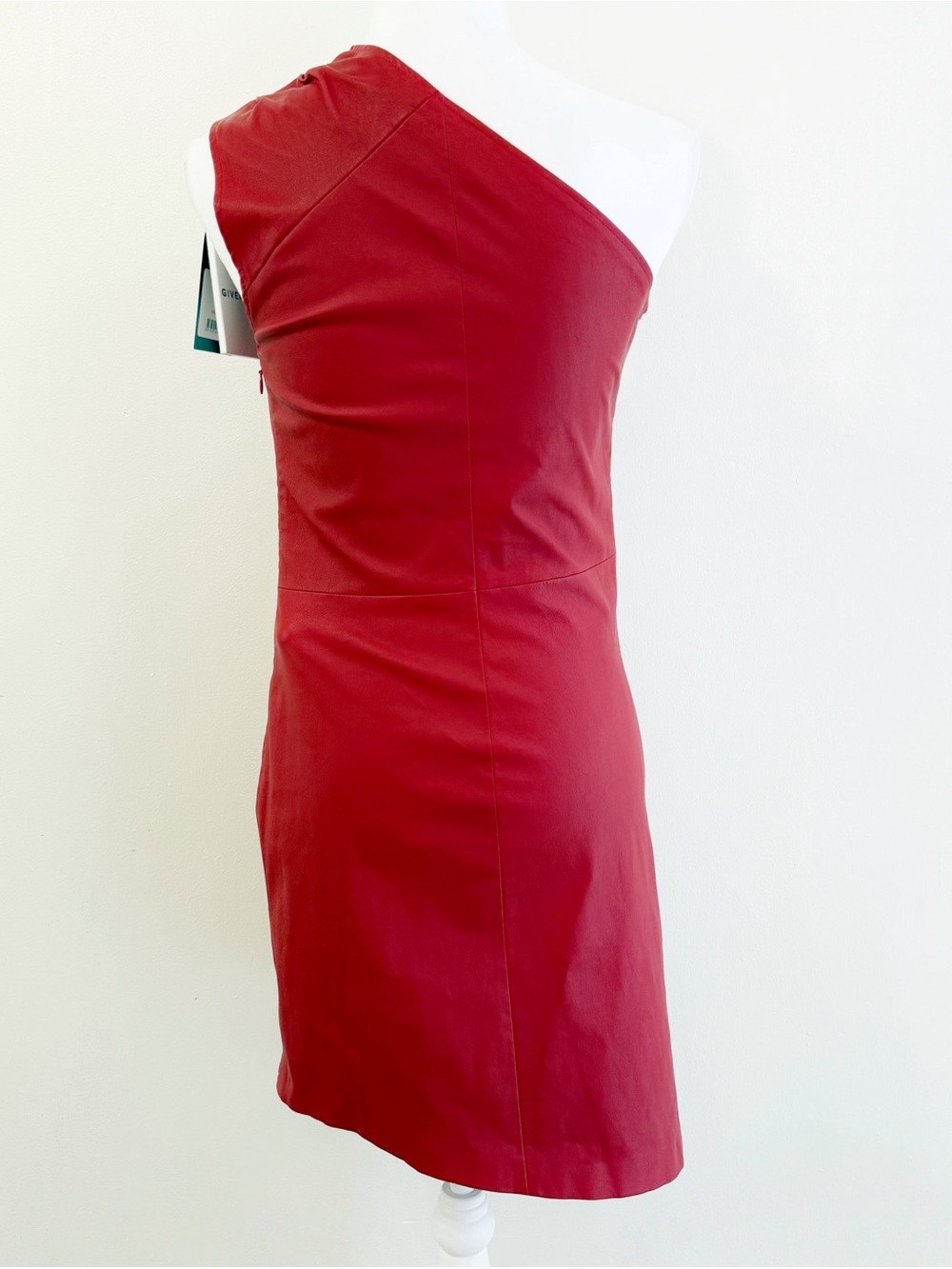 GIVENCHY RED LEATHER ONE SHOULDER TWISTED CUT OUT NECK DRAPED MINI DRESS - Picture 6 of 12